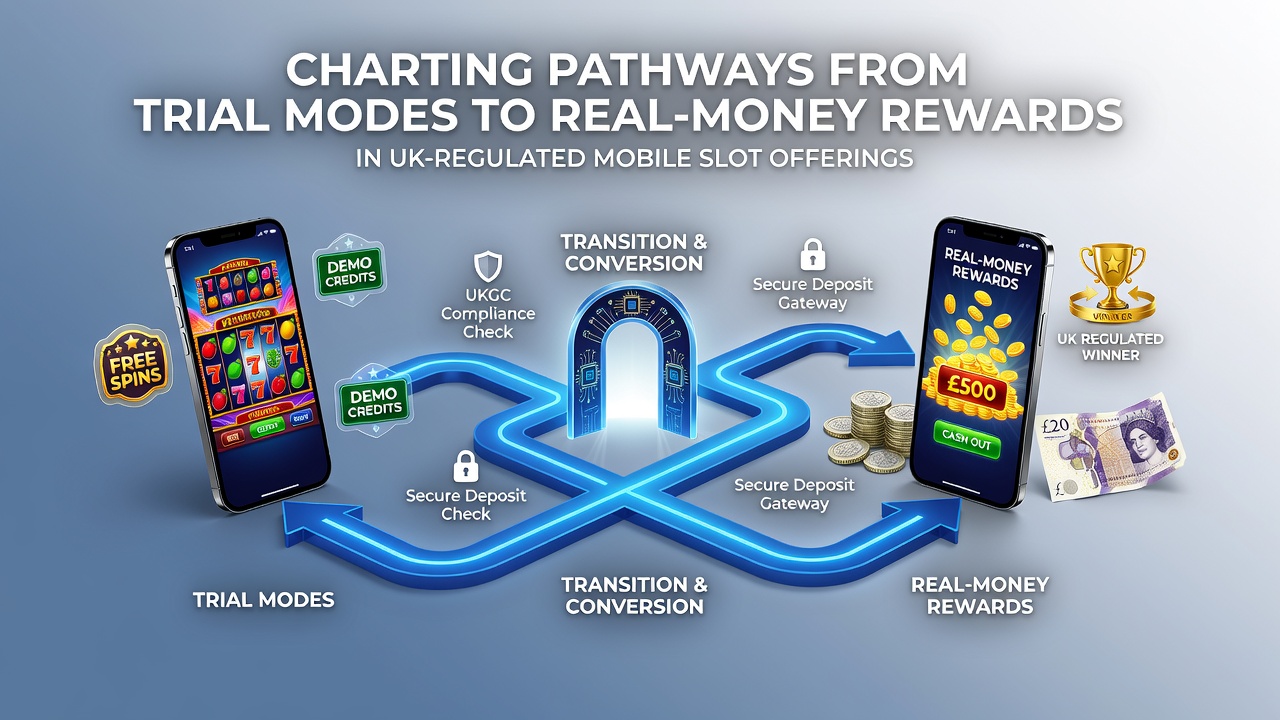 Mobile device displaying slot game interface with transition indicators from trial to real-money mode