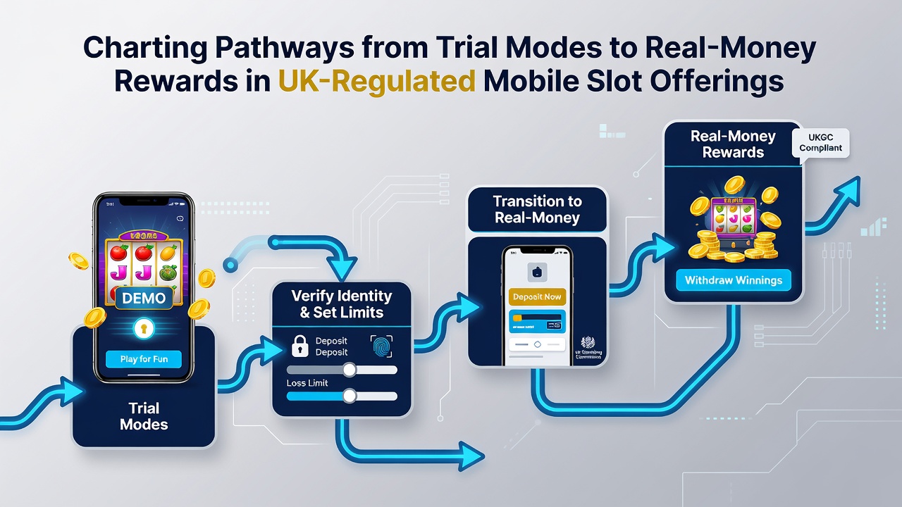 Flowchart style graphic showing stages from demo play through verification to real money slot rewards on mobile