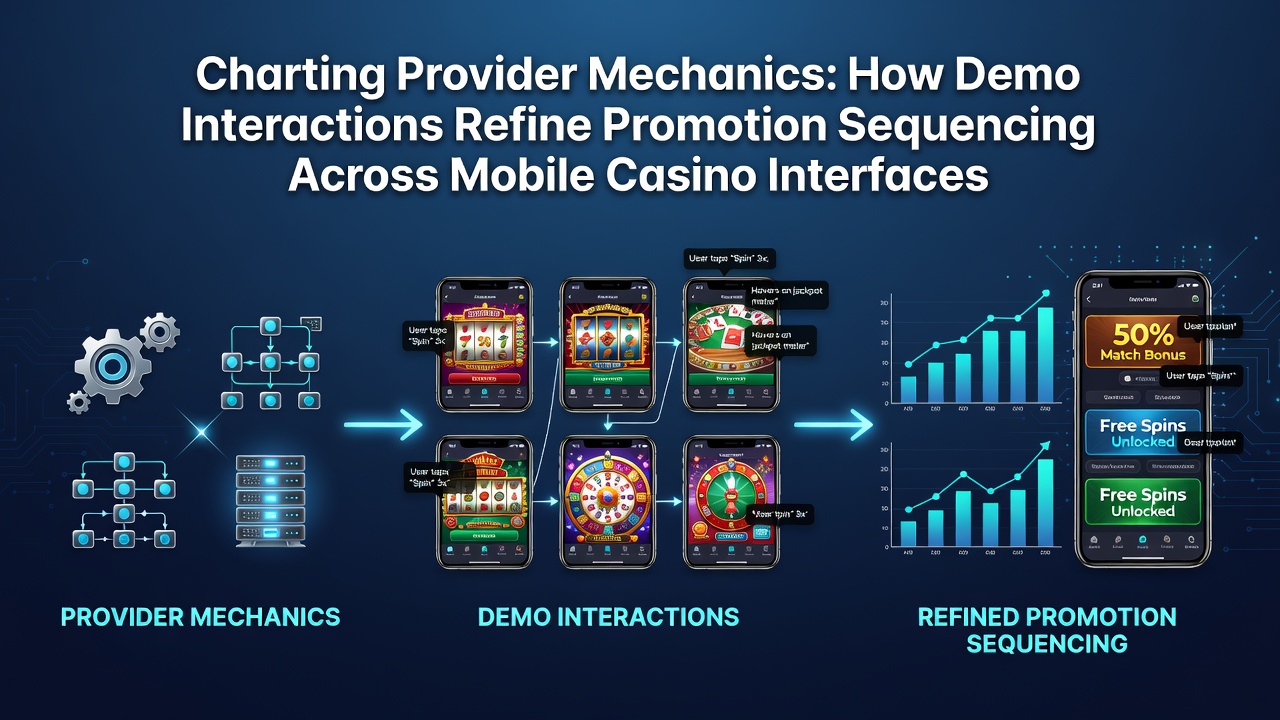 Mobile casino interface displaying demo mode interactions and promotion sequencing elements