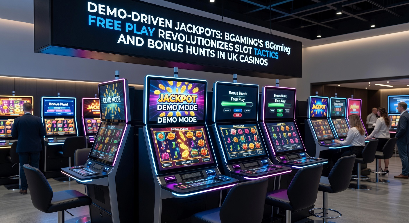 Player interface showing demo slot stats overlay with bonus hunt progress bar and jackpot meter climbing, BGaming logo prominent