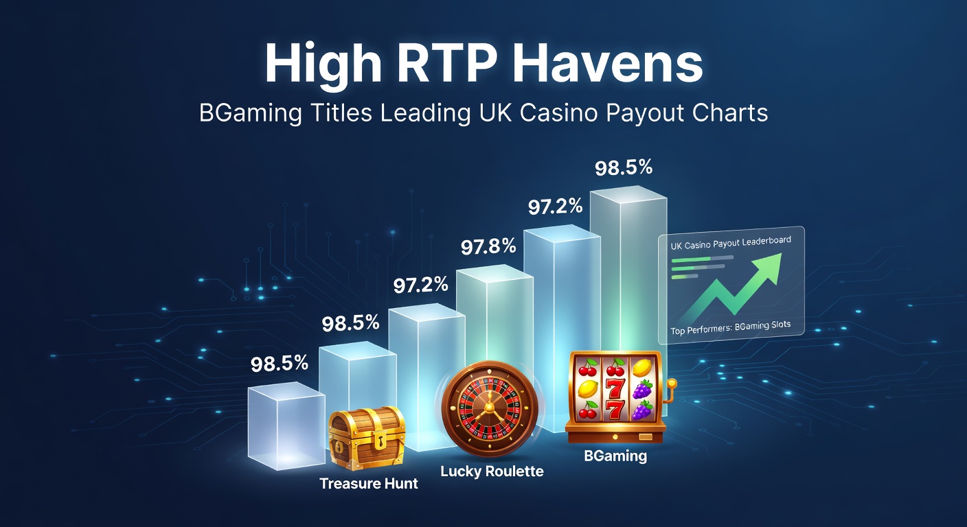 Vibrant slot reels spinning with glowing RTP percentages overlayed, showcasing BGaming's top payout leaders in a UK casino dashboard