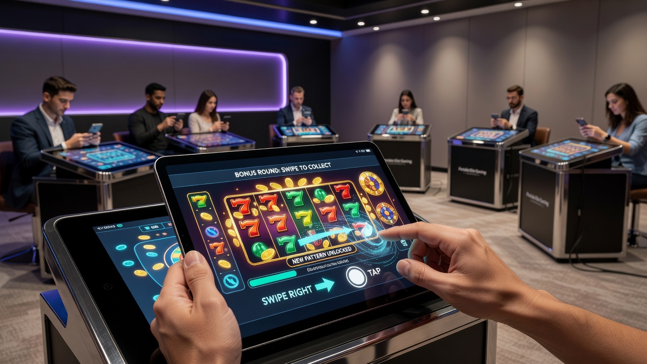 Close-up of hands performing pinch and swipe gestures on a tablet showing casino bonus collection