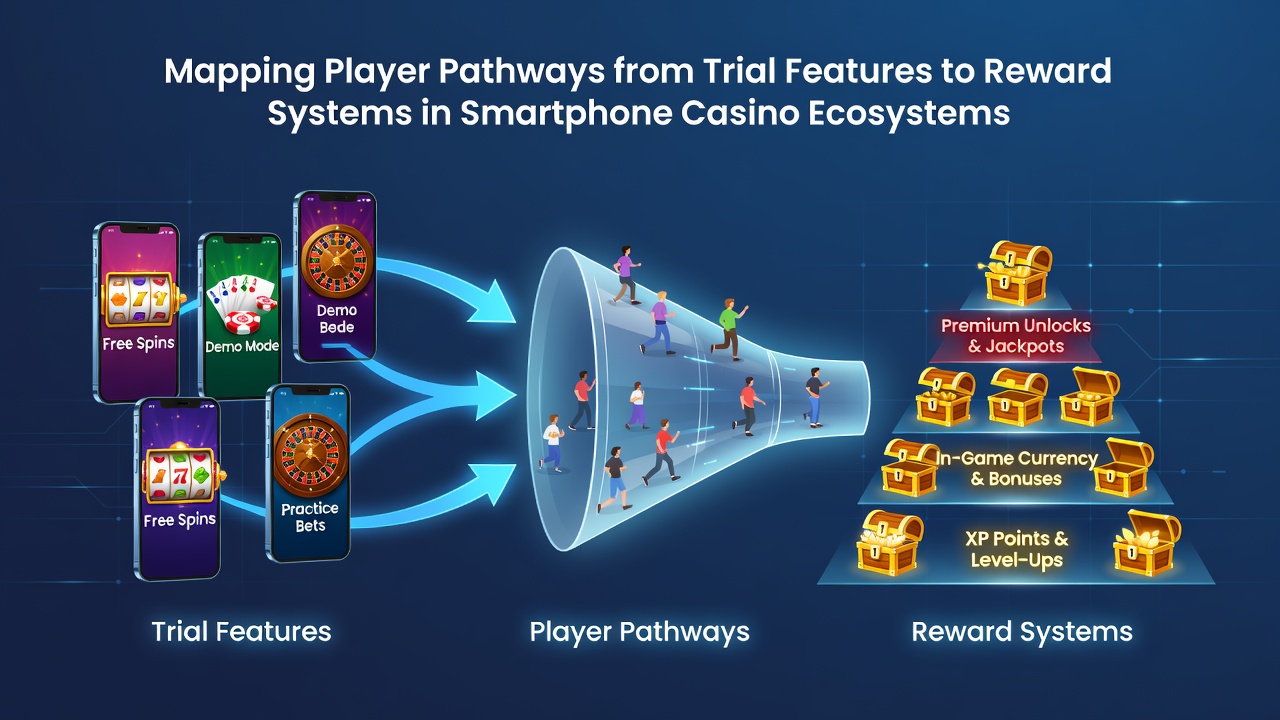 Flowchart graphic illustrating player pathway stages from demo trials to reward system enrollment on mobile screens