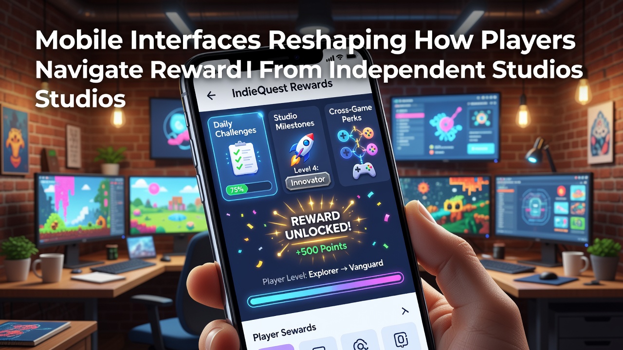 Mobile interface showing reward program navigation on a smartphone screen with indie game elements