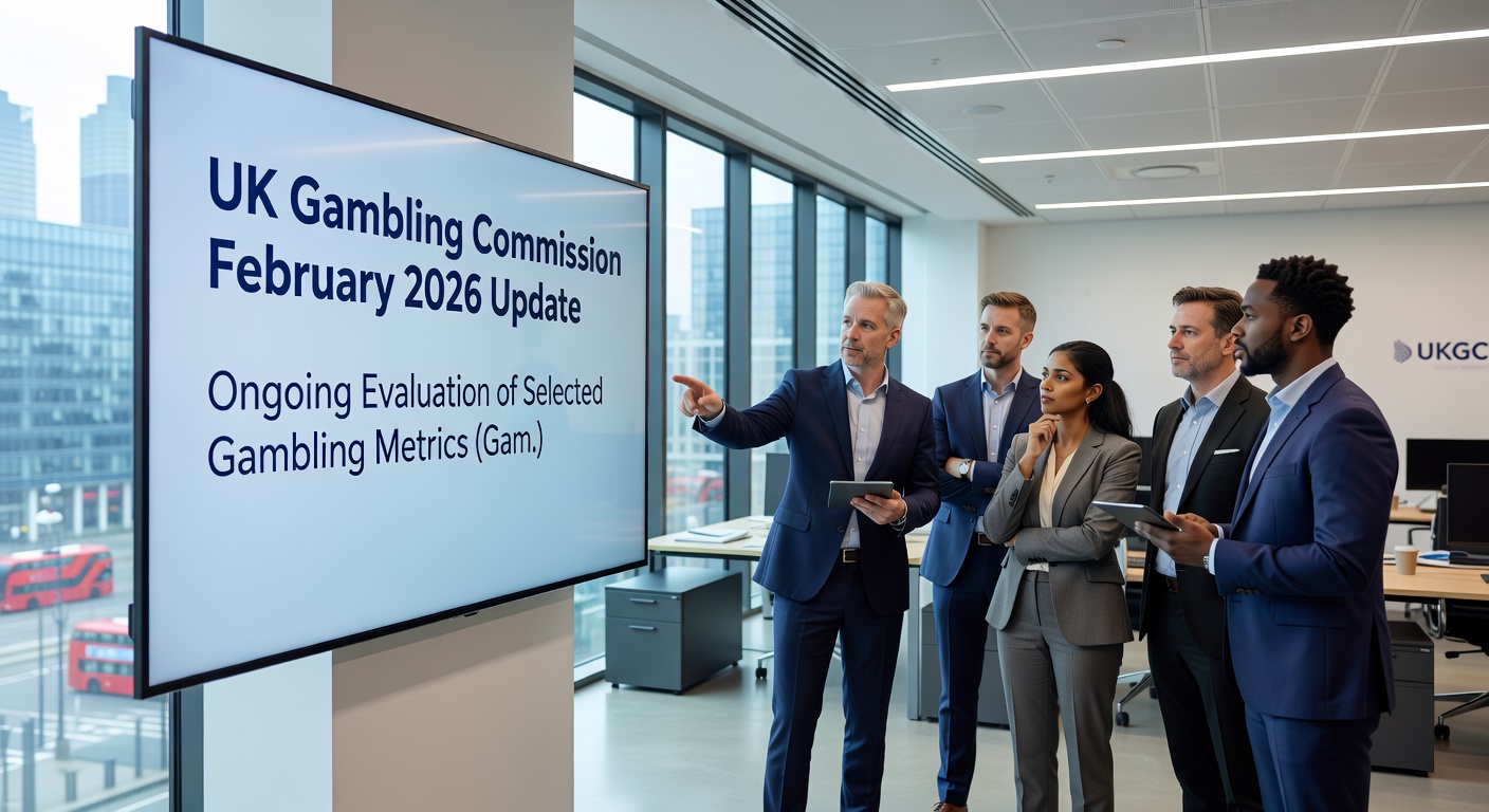 Illustration of research methods in gambling policy evaluation, showing charts, surveys, and focus group discussions related to UK regulations