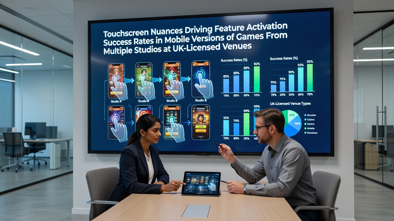 Close-up view of a mobile device screen displaying interactive game elements with finger touch gestures highlighted in a UK-licensed casino application