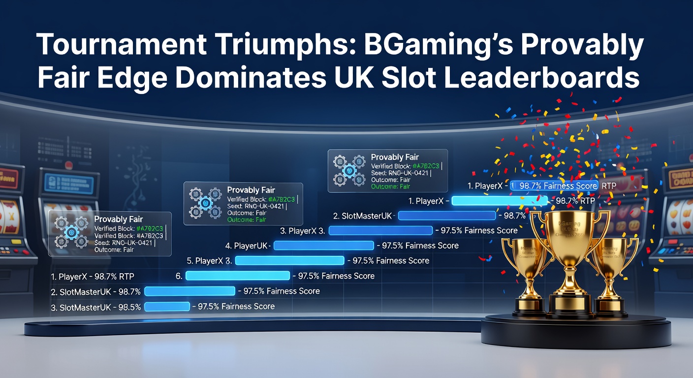 Vibrant screenshot of a UK slot tournament leaderboard with BGaming titles dominating the top ranks, highlighting provably fair icons and player scores
