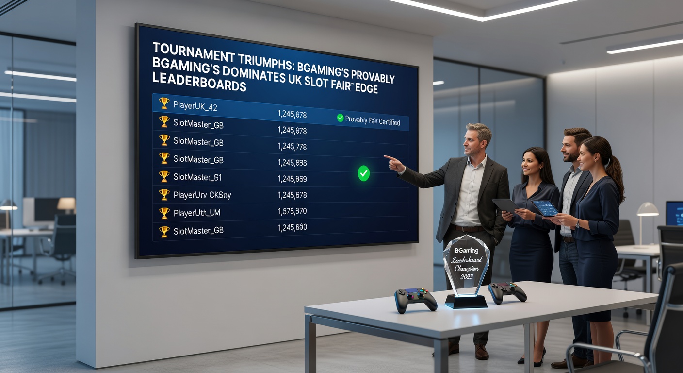 Dynamic image of UK slot players on mobile devices competing in a live tournament, with BGaming provably fair verification screens visible